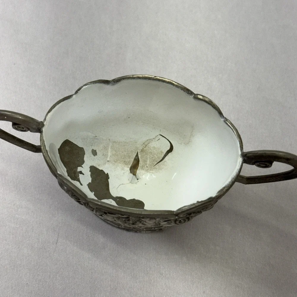 Silver Plated Creamer & Sugar‎ Bowl White Enamel Interior Roses Floral Japan